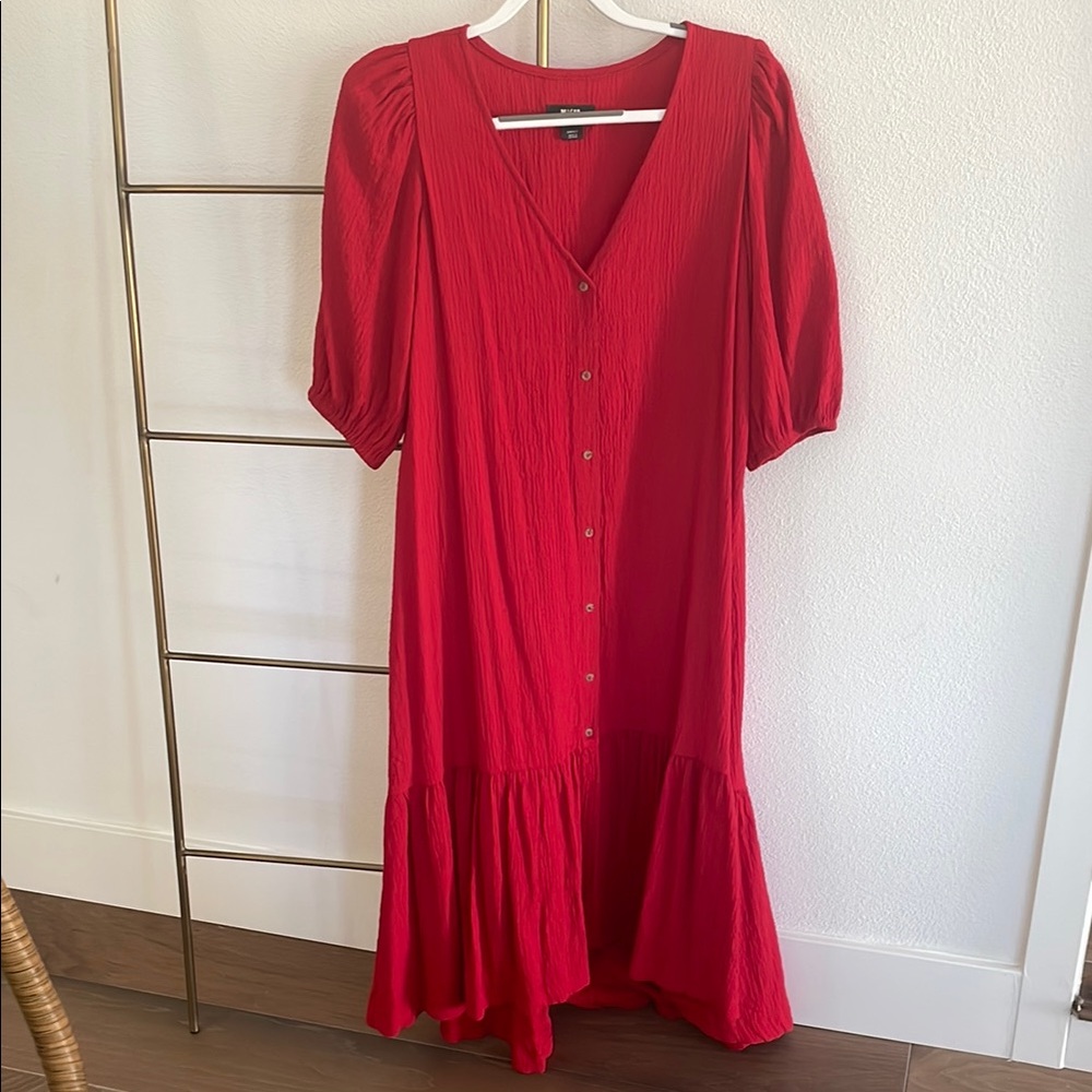 Red Button-Down Midi Dress